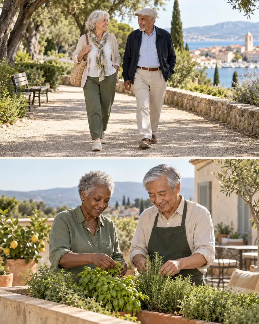 Deux couples de seniors : l'un se promène sur un chemin en bord de mer, l'autre cueille des herbes aromatiques dans un jardin méditerranéen